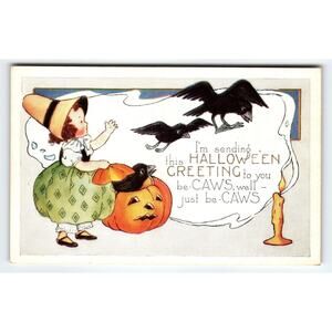 Vintage 1907-1915 Halloween Lithograph Postcard with Girl, Pumpkin Smoke & Crows